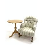Victorian style armchair, upholstered in striped linen, raised on beech turned front supports, (W64c
