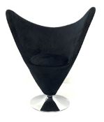 Contemporary decorative conical shaped chair, upholstered in black velvet, raised on circular chrome