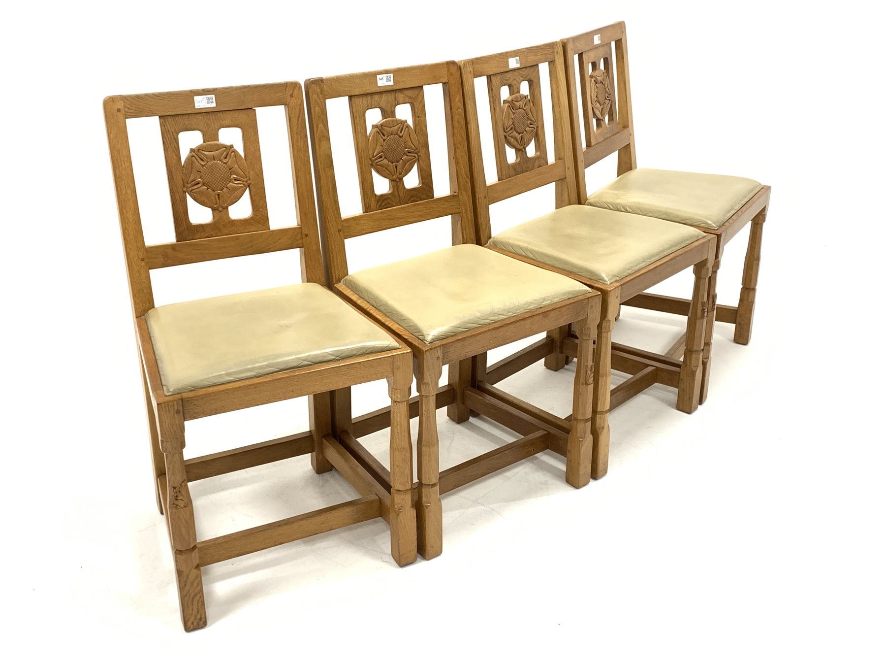 Set four 'Squirrelman' Yorkshire oak dining chairs, Yorkshire rose carved back panel over leather up - Image 2 of 5
