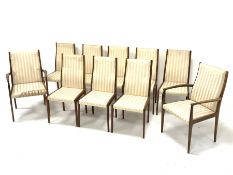 Set ten (8+2) 1970s teak framed dining chairs with upholstered seats and backs, eight side chairs an