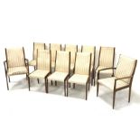 Set ten (8+2) 1970s teak framed dining chairs with upholstered seats and backs, eight side chairs an