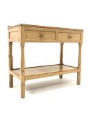 'Squirrelman' Yorkshire oak serving table, adzed top over two drawers, octagonal turned supports uni