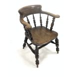 19th century stained elm and ash smokers bow armchair, with swept arms raised on spindle gallery, sa