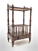 Victorian mahogany Canterbury whatnot, half galleried pierced top raised on turned supports over two