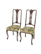 Pair early 20th century mahogany side chairs with serpentine cresting rail and pierced splat over up