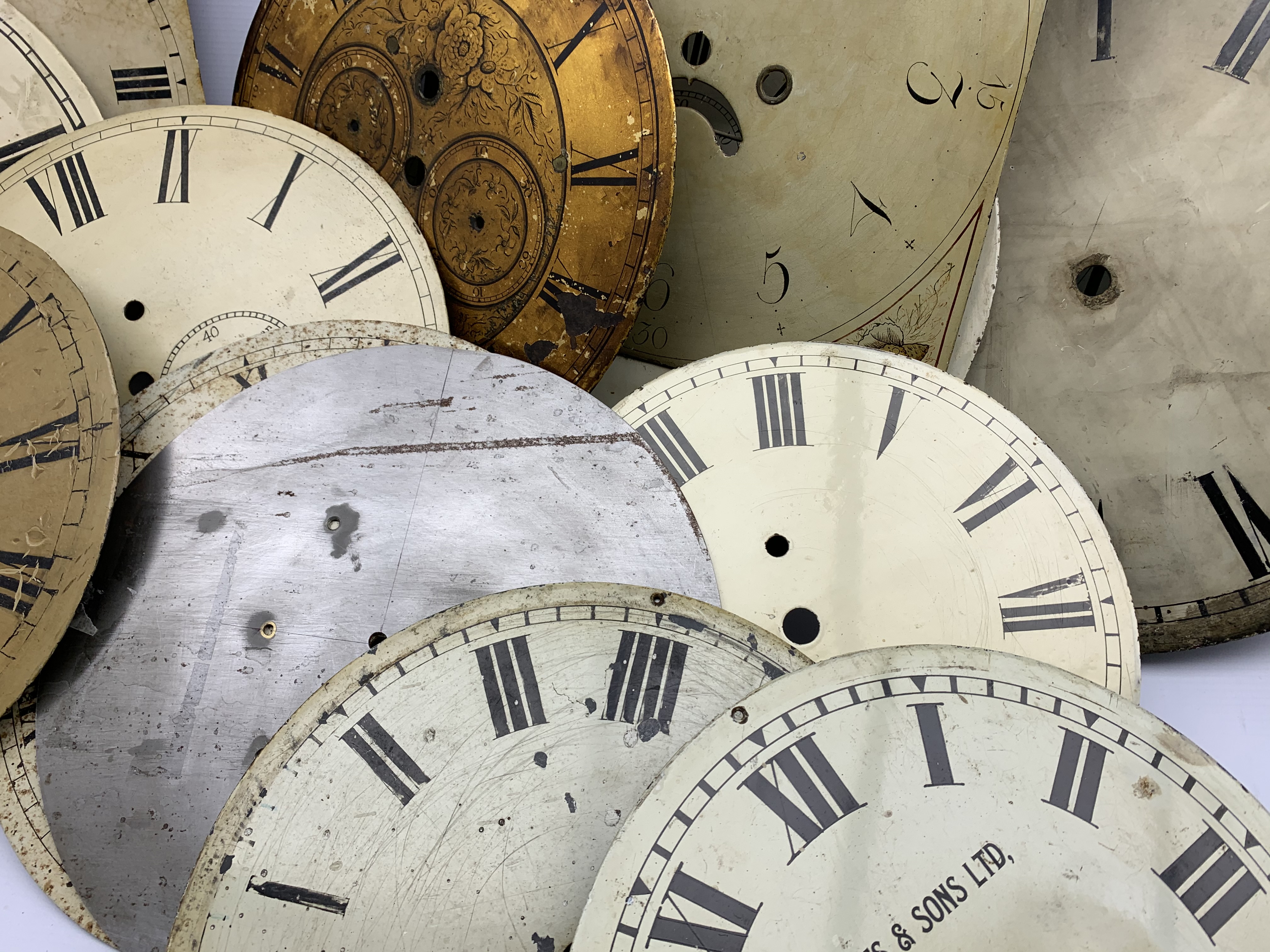 Various clock dials, manly white painted enamel, (15) and some longcase movement seat boards, - Image 2 of 4