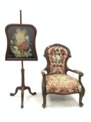 Victorian mahogany open armchair, with scrolled acanthus carved cresting rail over deep buttoned bac