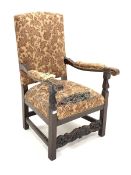 18th century style walnut open armchair, upholstered in floral silk, leaf carved and scrolled arm re