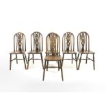 Set six 20th century elm and beach hoop and spindle back kitchen chairs, with pierced splats and tur