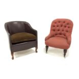 20th century tub shaped armchair, upholstered in studded brown faux leather, (W59cm) together with a