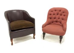 20th century tub shaped armchair, upholstered in studded brown faux leather, (W59cm) together with a