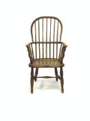 19th century elm and ash Windsor armchair, with hoop and spindle back over saddle seat, ring turned