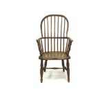 19th century elm and ash Windsor armchair, with hoop and spindle back over saddle seat, ring turned