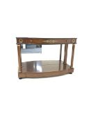 20th century simulated burr walnut console table, stepped bow front, single frieze drawer with flora