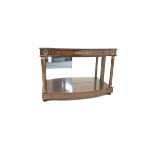 20th century simulated burr walnut console table, stepped bow front, single frieze drawer with flora