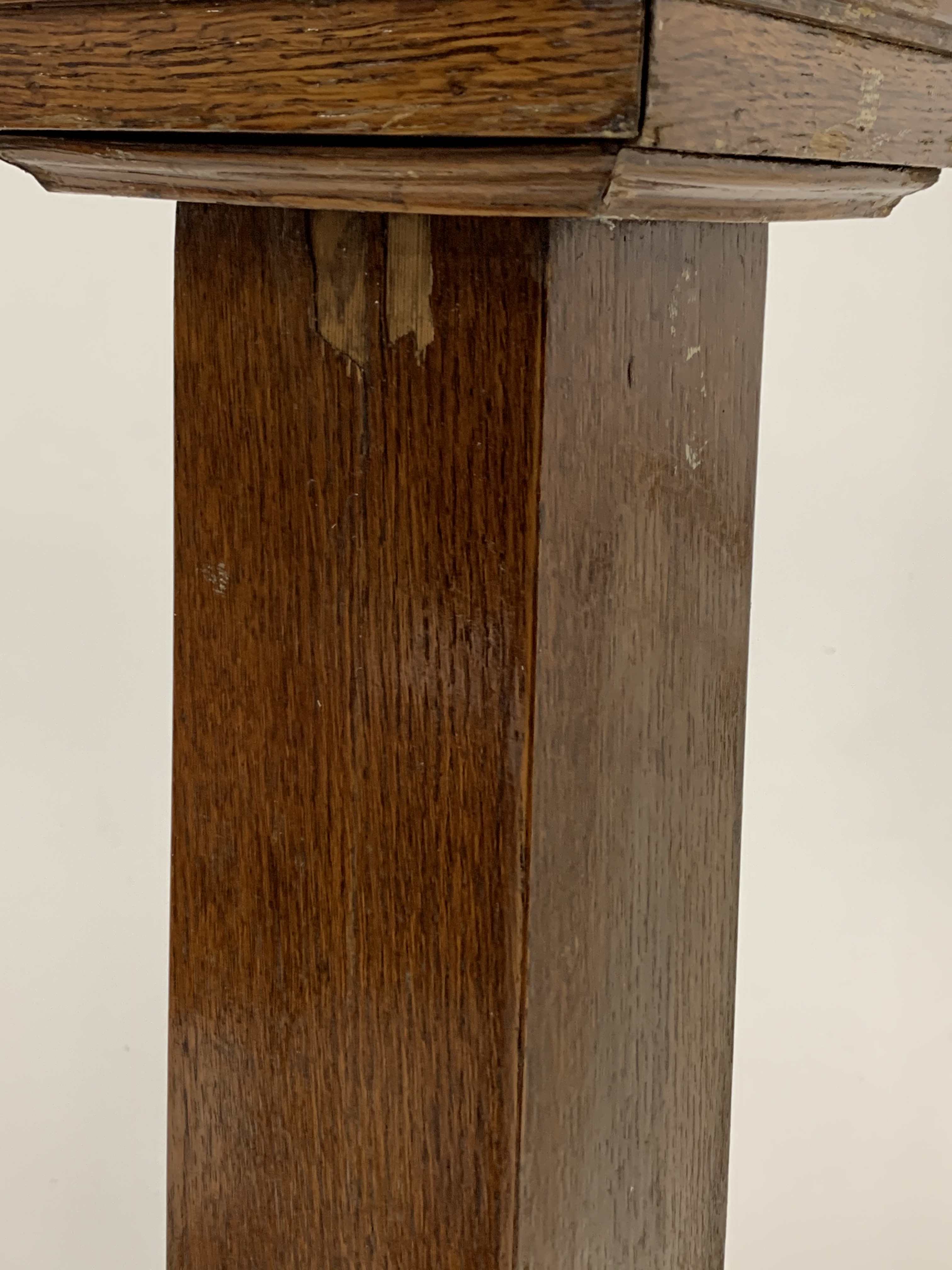 Early 20th century ecclesiastical oak pedestal jardini�re stand, with square moulded top over square - Image 4 of 4