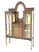 Edwardian inlaid mahogany drop centre display cabinet, oval bevelled edge mirror back, display cabin