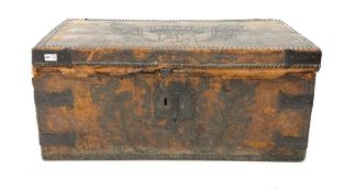 Charles II leather covered trunk, brass studded and bearing a coat of arms, possibly for the Duke of