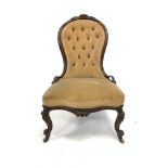 Victorian spoon back chair, with floral carved cresting rail over deep buttoned upholstered back, ra