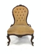 Victorian spoon back chair, with floral carved cresting rail over deep buttoned upholstered back, ra