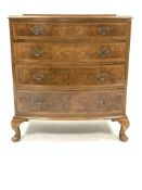 Queen Anne style burr walnut bow fronted chest, fitted with four graduated drawers, raised on shell