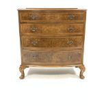 Queen Anne style burr walnut bow fronted chest, fitted with four graduated drawers, raised on shell