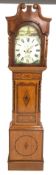 Victorian oak, mahogany and rosewood longcase clock, white painted enamel dial inscribed 'Geo Keates