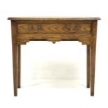 18th century style oak side table, with single drawer over shaped apron, raised on square tapered su