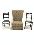 Early 20th century high back upholstered wingchair, raised on oak moulded oak front supports, (W60cm