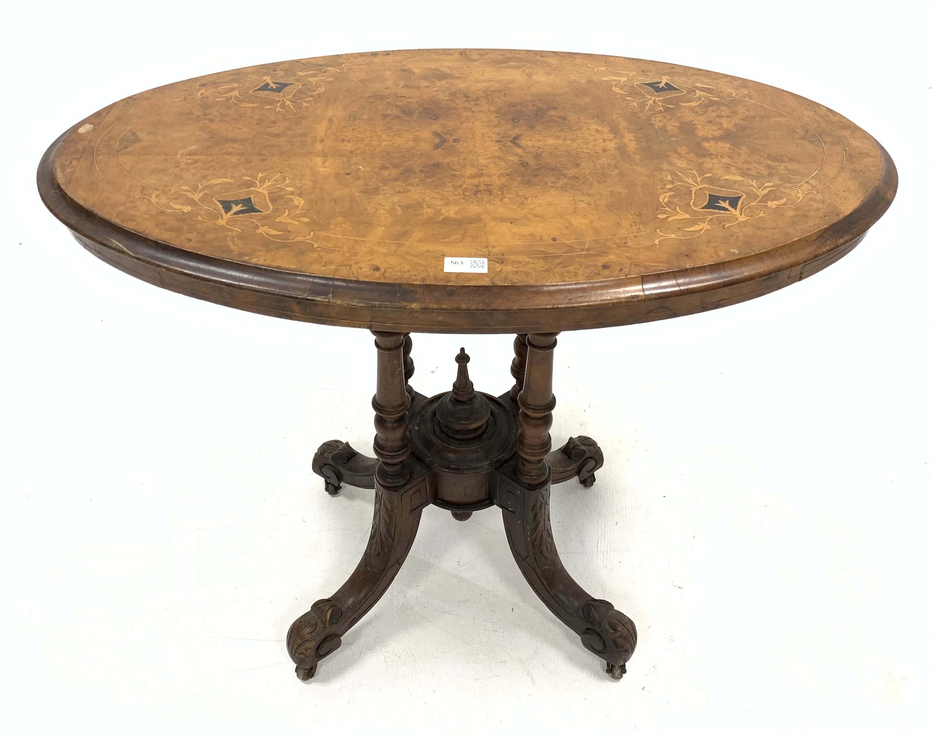 Victorian walnut small centre table, the burr top with boxwood and ebonised inlay over four turned c - Image 2 of 2