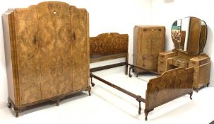 20th century Art Deco style burr walnut four piece bedroom suite, consisting of triple wardrobe with