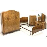 20th century Art Deco style burr walnut four piece bedroom suite, consisting of triple wardrobe with