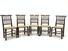 Set of five 19h century oak spindle back chairs, with shaped cresting rail over woven seat, raised o