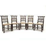 Set of five 19h century oak spindle back chairs, with shaped cresting rail over woven seat, raised o