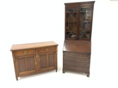 20th century mahogany bureau bookcase, dentil cornice over astragal glazed doors enclosing three adj