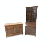 20th century mahogany bureau bookcase, dentil cornice over astragal glazed doors enclosing three adj