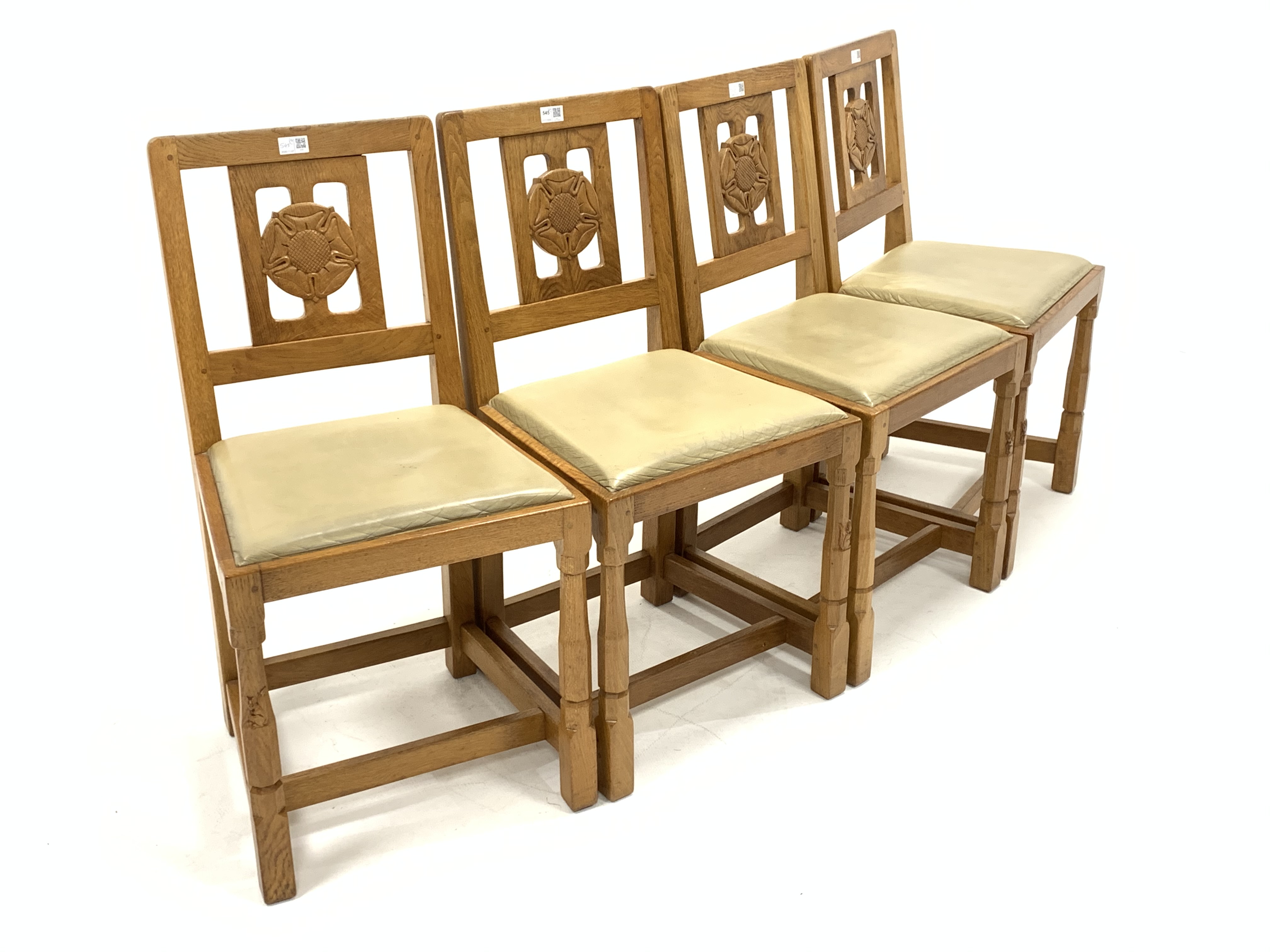 Set four 'Squirrelman' Yorkshire oak dining chairs, Yorkshire rose carved back panel over leather up - Image 4 of 5