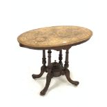Victorian walnut small centre table, figured top with floral and boxwood string inlay, raised on tur