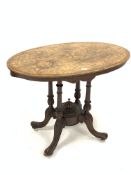 Victorian walnut small centre table, figured top with floral and boxwood string inlay, raised on tur