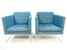 Sits - Contemporary pair of box form armchairs with loose cushions, upholstered in blue linen and r
