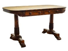 Regency rosewood rectangular Library table, two real and two false frieze drawers with anthemion car