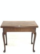 19th century mahogany card table, the fold over top revealing baize lined playing surface, raised on