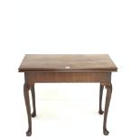 19th century mahogany card table, the fold over top revealing baize lined playing surface, raised on