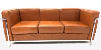 After Le Corbusier - Mid 20th century three seat sofa with chrome frame and brown leather upholstere
