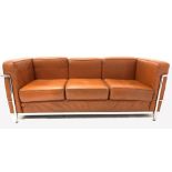 After Le Corbusier - Mid 20th century three seat sofa with chrome frame and brown leather upholstere