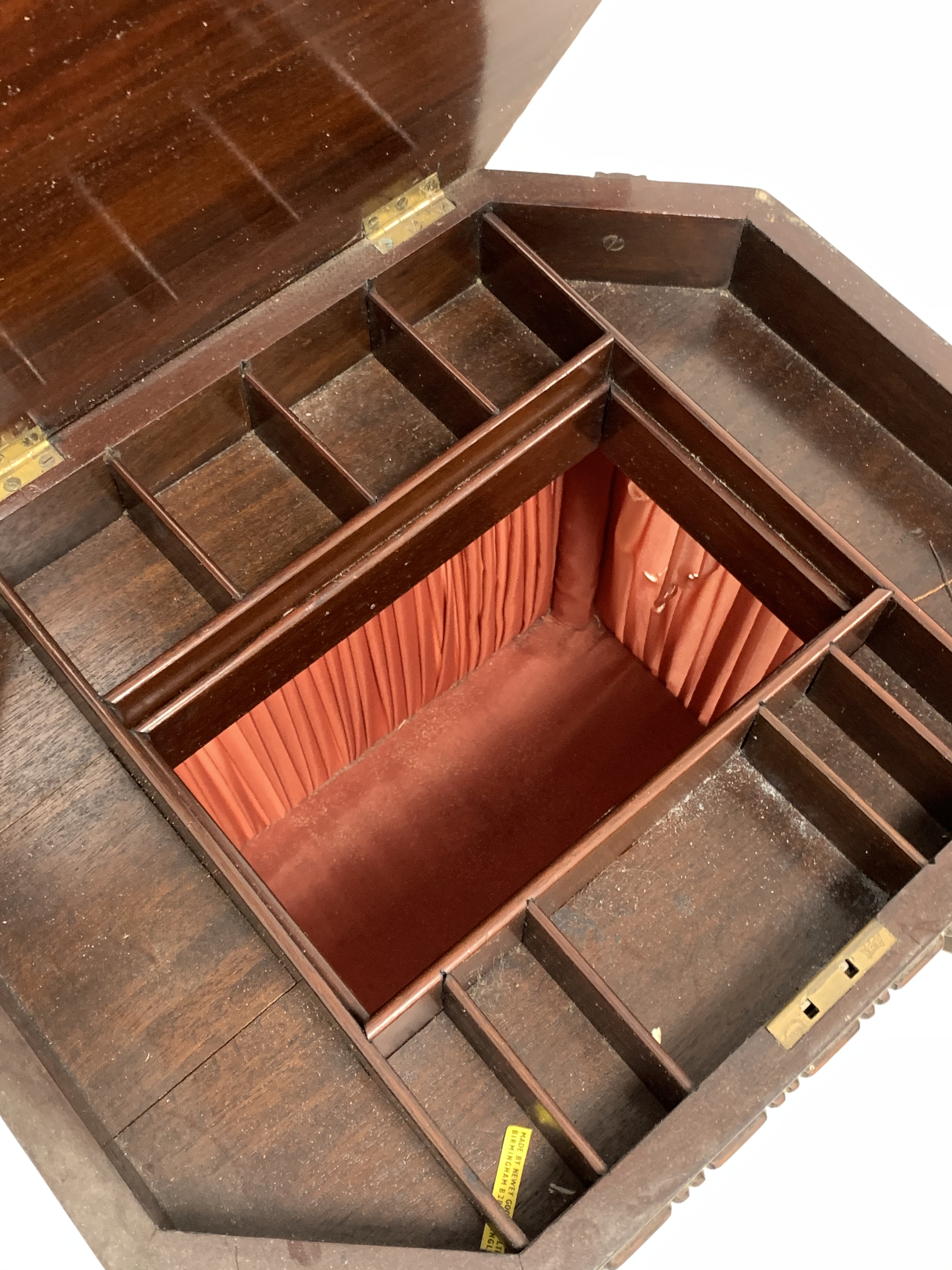 Edwardian mahogany work table, the hinged top revealing fitted interior and silk hanging compartment - Image 2 of 2