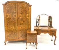 20th century burr walnut 'Dillon' bedroom suite, comprising double wardrobe with interior fitted for