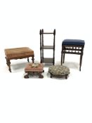 Victorian walnut footstool with upholstered top, scroll and floral carved apron and scroll carved ca