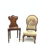 Victorian mahogany hall chair, shaped back rest over panel seat, raised on turned front supports, (W