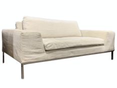 Sits - Contemporary two seat sofa, upholstered in natural linen, raised on square chrome supports, W